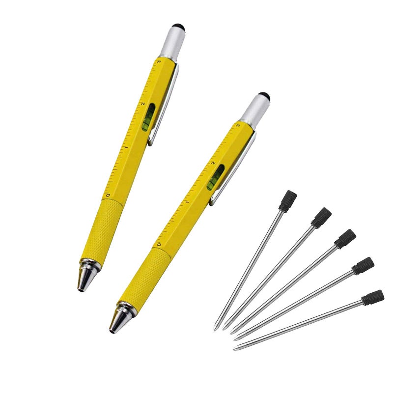 AIYIBEN Multifunction Tool Pen, 6 in 1 Tool with Ballpoint Pen, Touch Screen Stylus, Ruler, Spirit Level, Flat-head and Phillips Screwdriver, All-in-One Tech-Tool Pen with Ink Refills (2Ã—Yellow + 5Ã—Refills) - Image 1